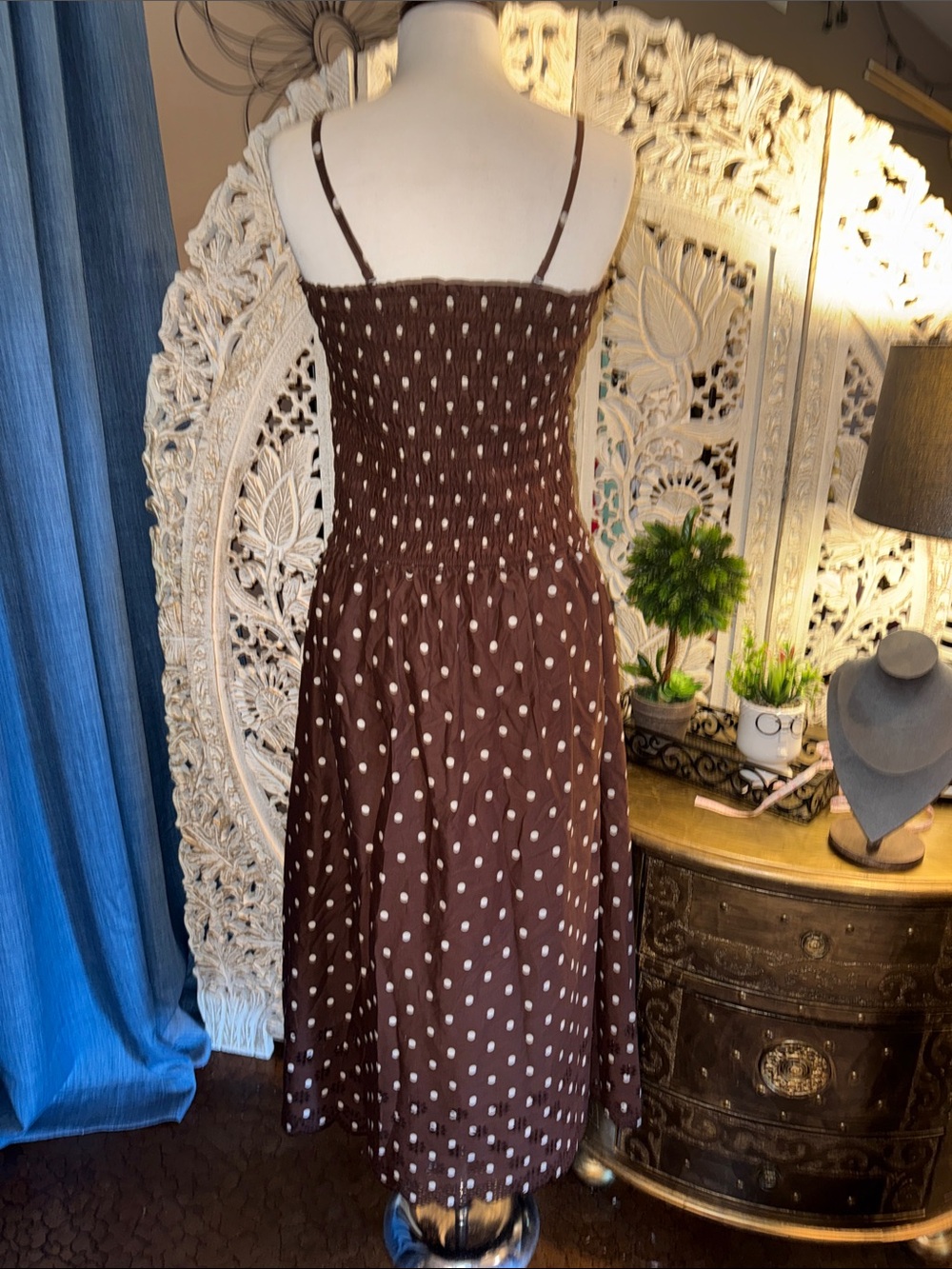 Smocked Brown Polka Dot Midi Dress with Spaghetti Straps 
P2P 15” lying flat - Picture 3 of 5